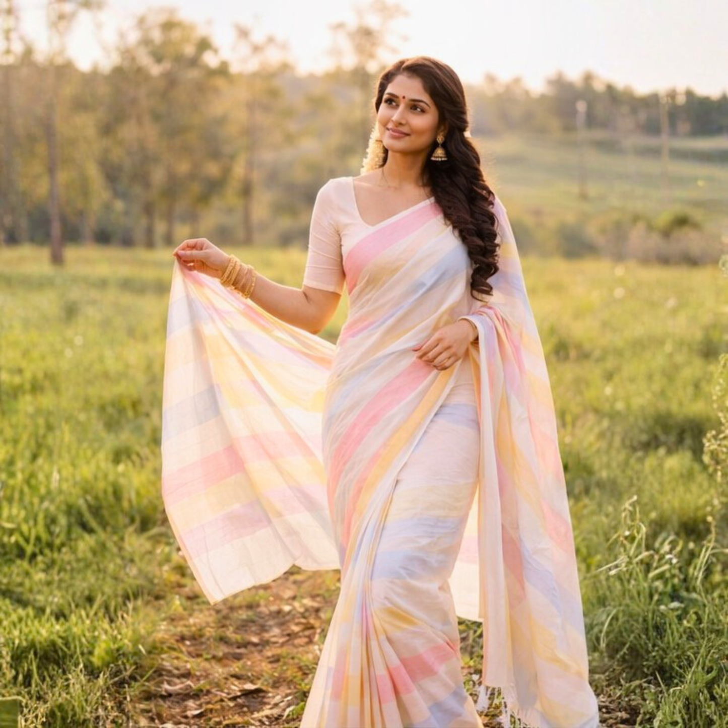 Pure Linen Pastel Stripe Saree