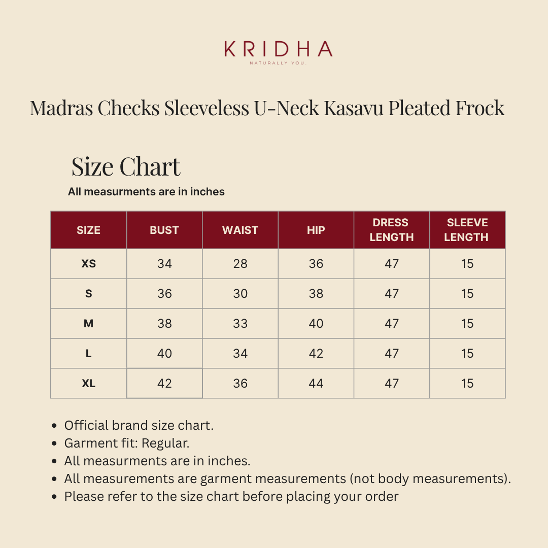 Madras Checks Sleeveless U-Neck Kasavu Pleated Frock