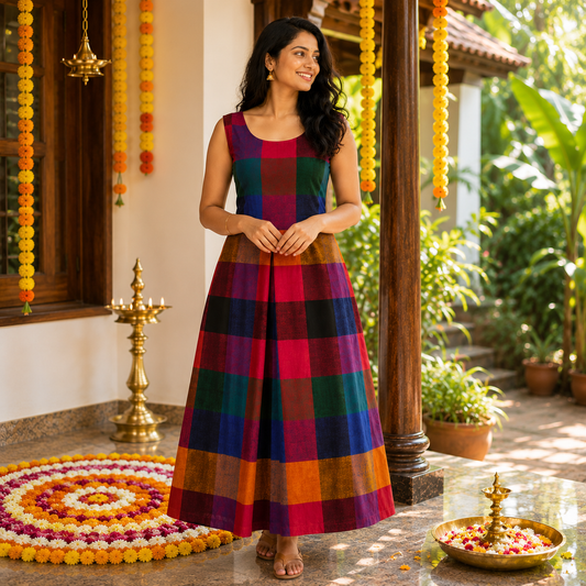 Madras Checks A-Line Box Pleated Sleeveless Frock