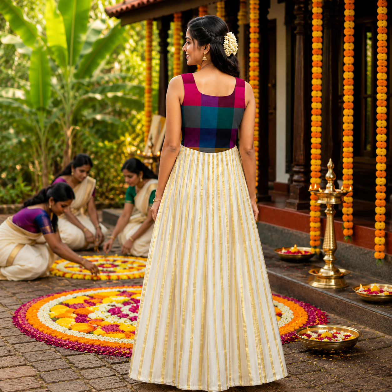Madras Checks Sleeveless U-Neck Kasavu Pleated Frock