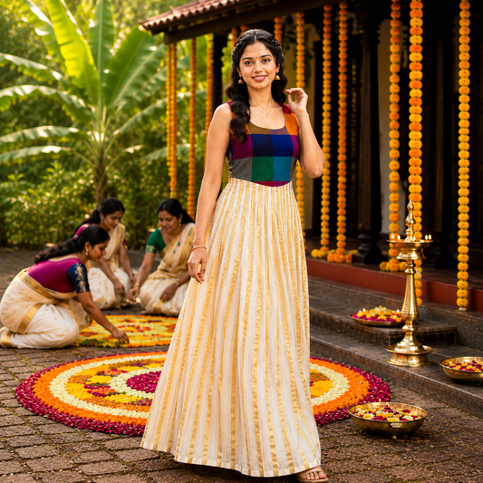 Madras Checks Sleeveless U-Neck Kasavu Pleated Frock