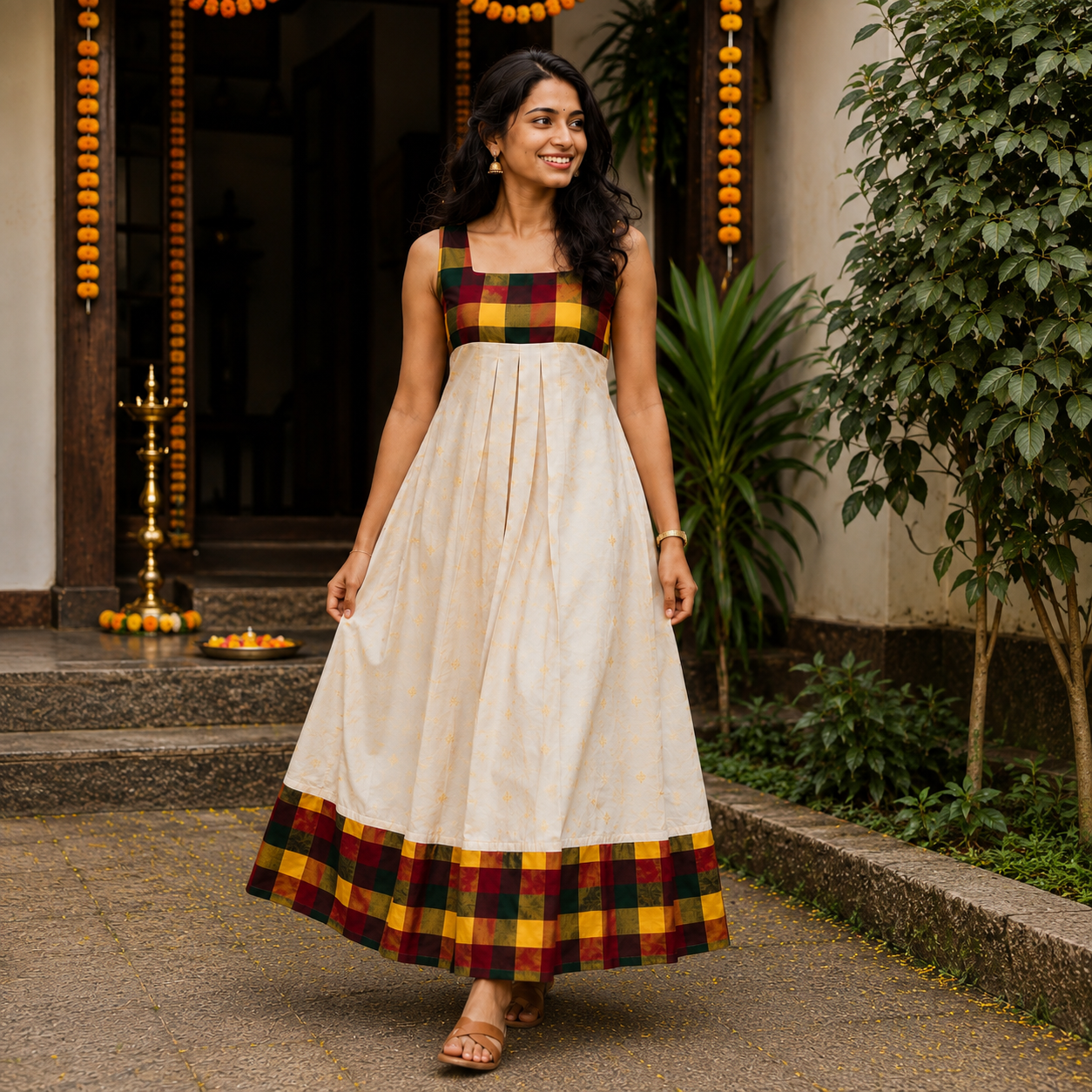 Madras Checks Yoke A-Line Box Pleated Frock