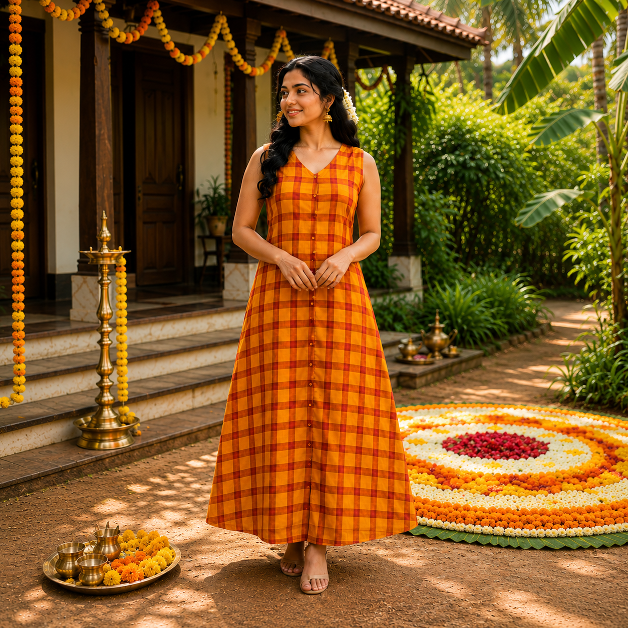 Madras Checks Centre Slit A-Line Frock
