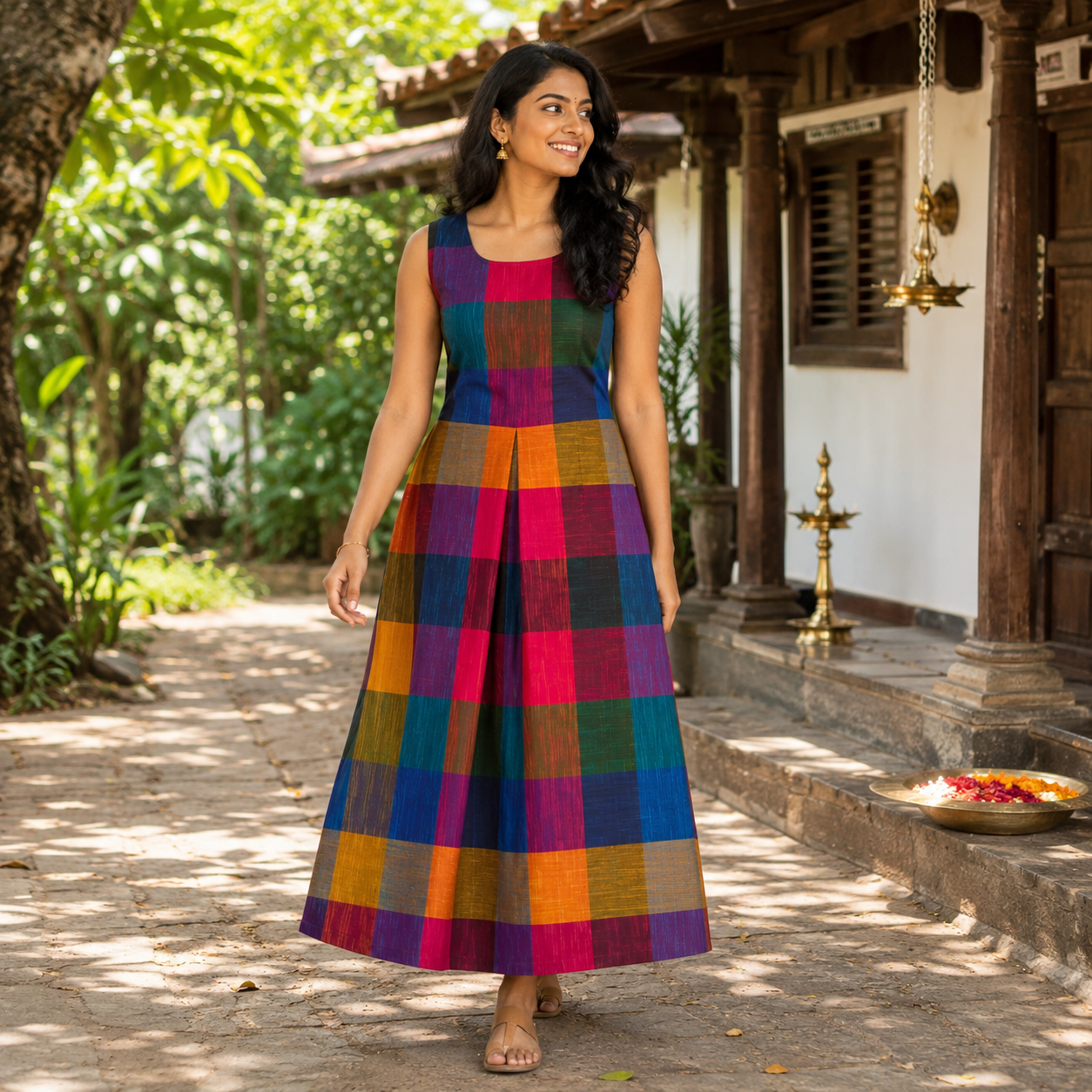 Madras Checks A-Line Box Pleated Sleeveless Frock