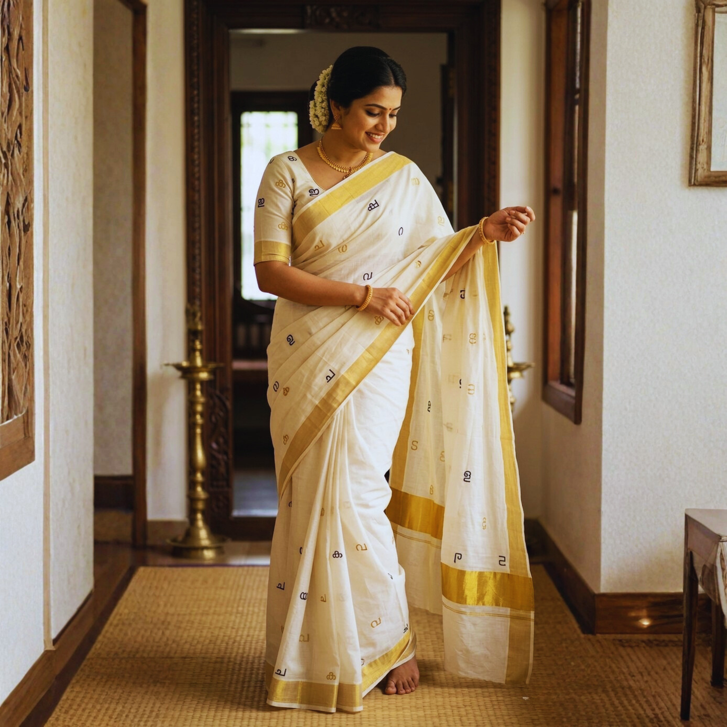 Swaraksharam Embroidery Pure Cotton Kasavu Saree