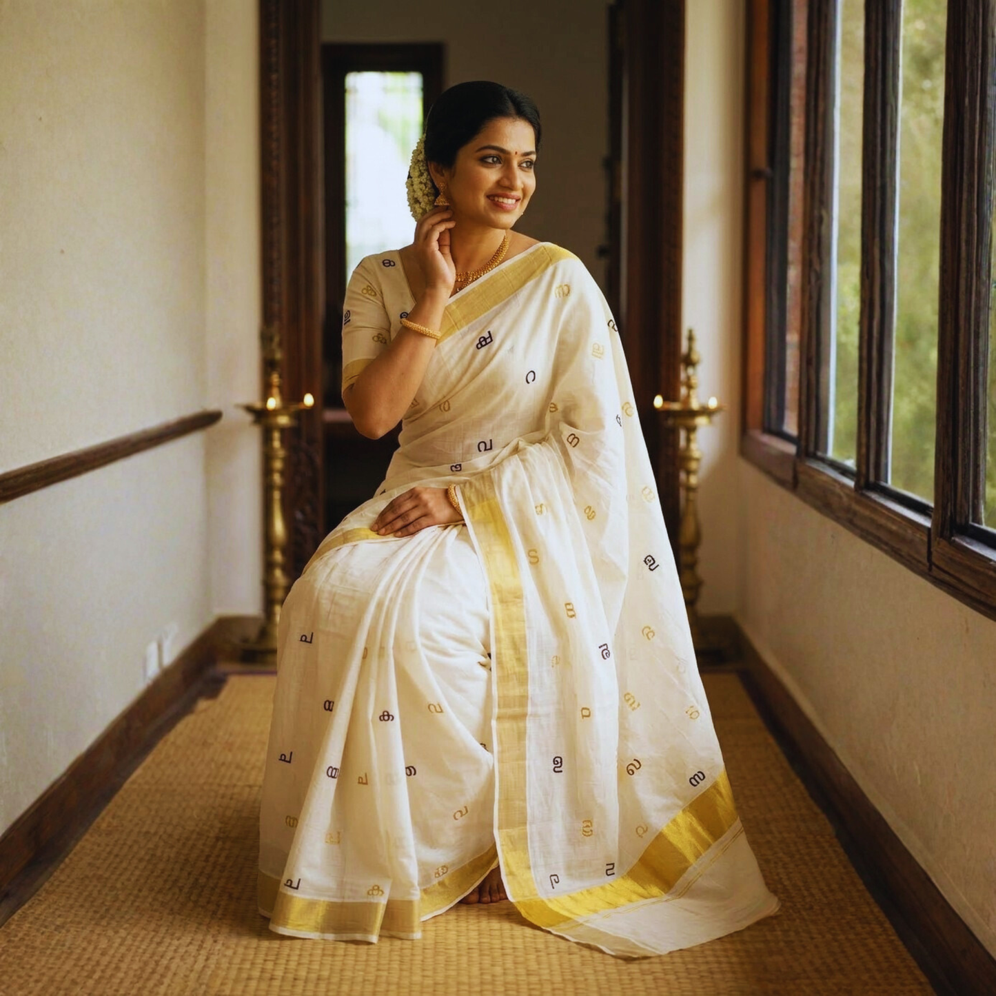 Swaraksharam Embroidery Pure Cotton Kasavu Saree