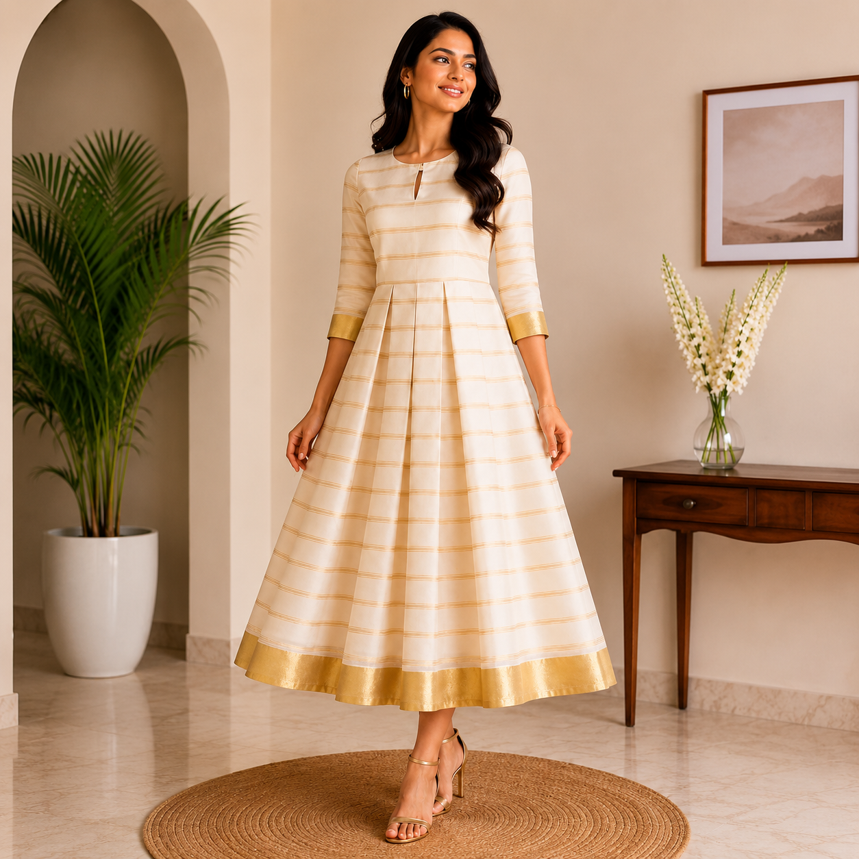 Nilaavu – Ivory Grace A-Line Box Pleated Frock with Sleeves