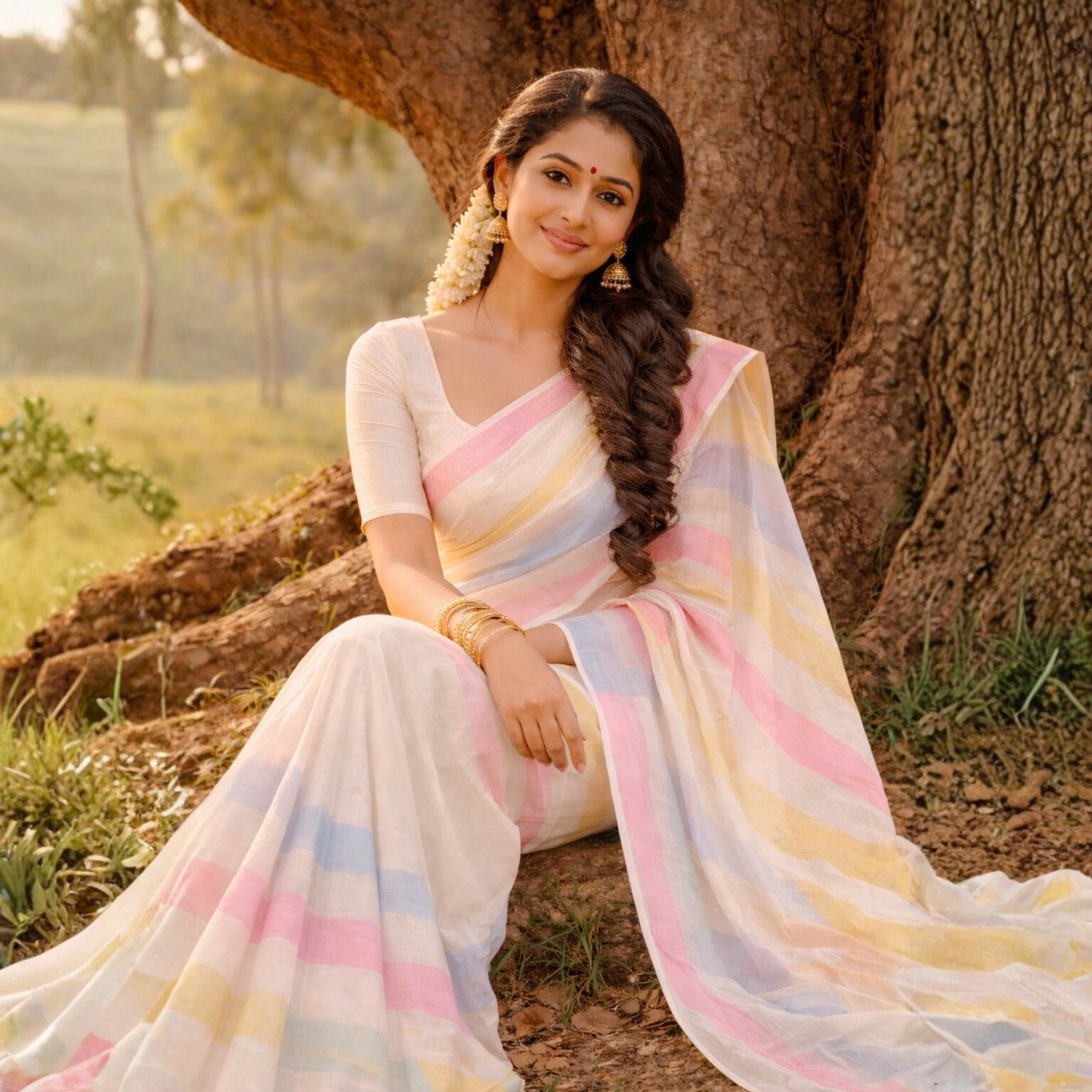 Pure Linen Pastel Stripe Saree