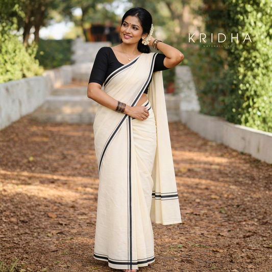 Puliyilakkara Set Saree with Blouse – Classic Black Stripe Edition