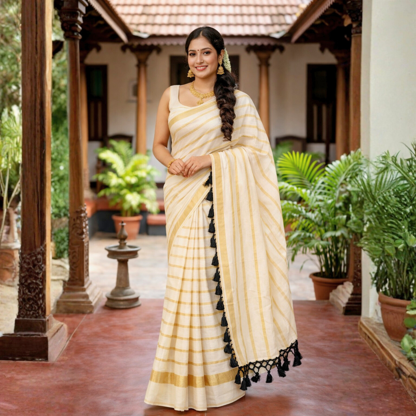 Plain Gold Line Cotton Saree with Kunjam