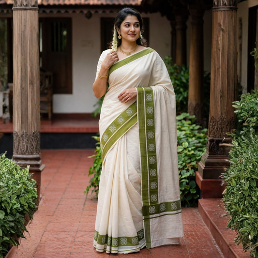 Kattikara Heritage Set Mundu – Olive Border Edition