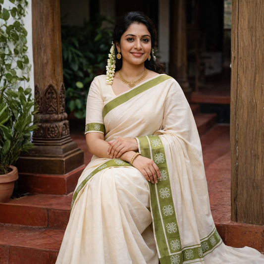 Kattikara Heritage Set Mundu – Olive Border Edition