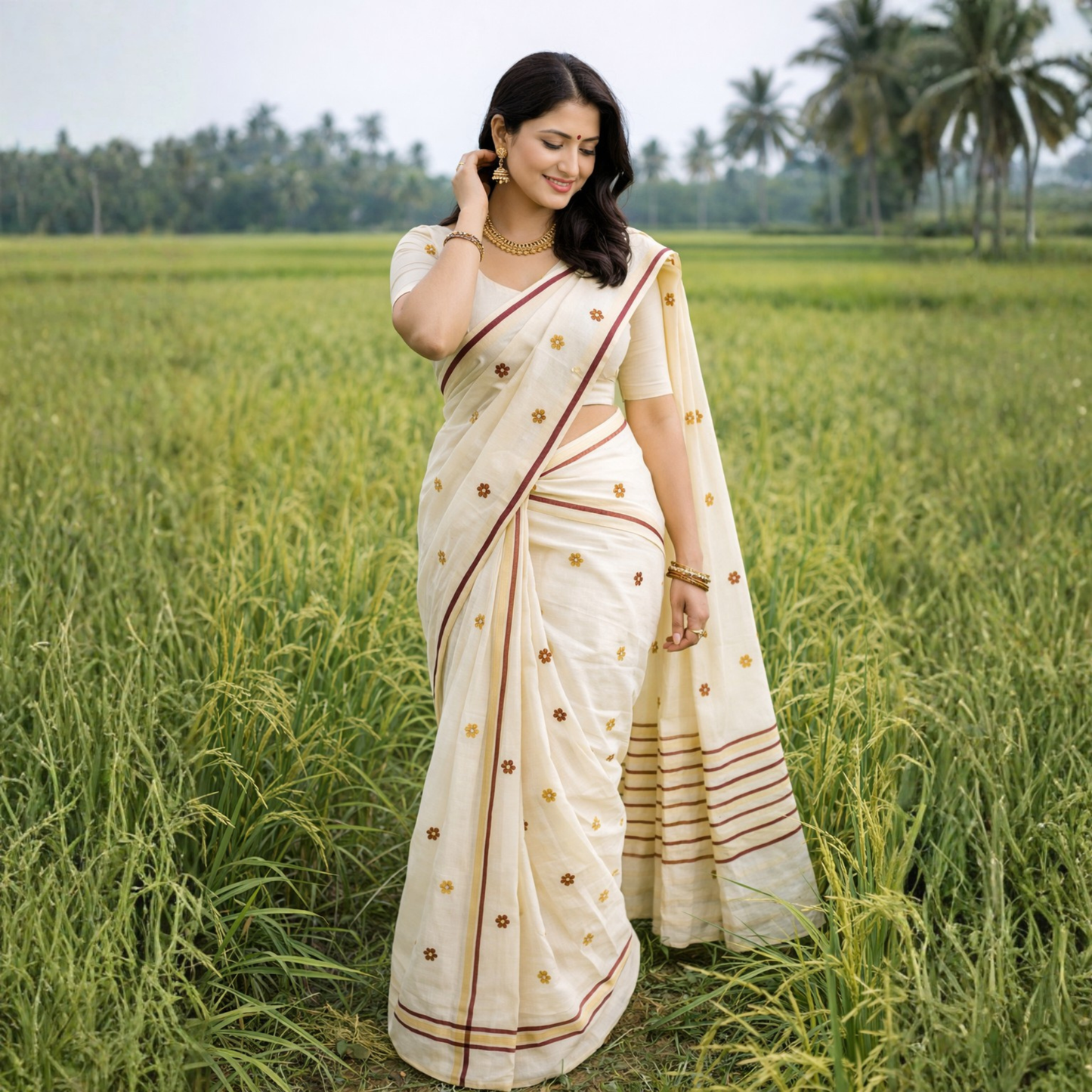 Floral Grace Striped Pallu Saree – Pure Cotton