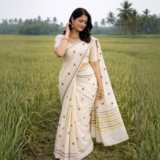 Floral Grace Striped Pallu Saree – Pure Cotton