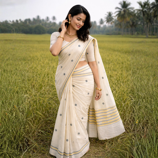 Floral Grace Striped Pallu Saree – Pure Cotton