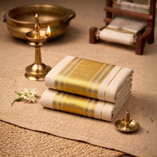 Tissue Fancy Check Komma Set Mundu – Classic Gold Edition