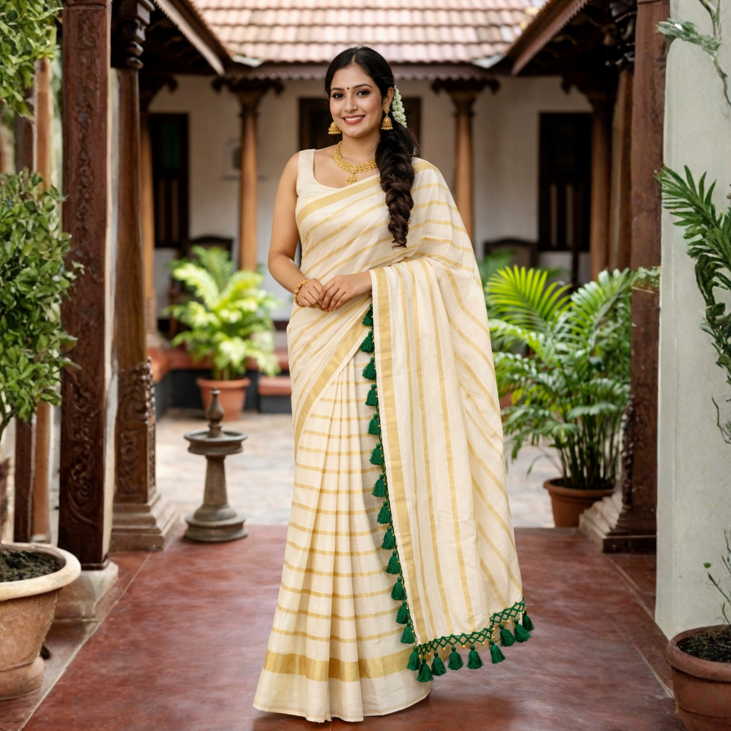 Plain Gold Line Cotton Saree with Kunjam