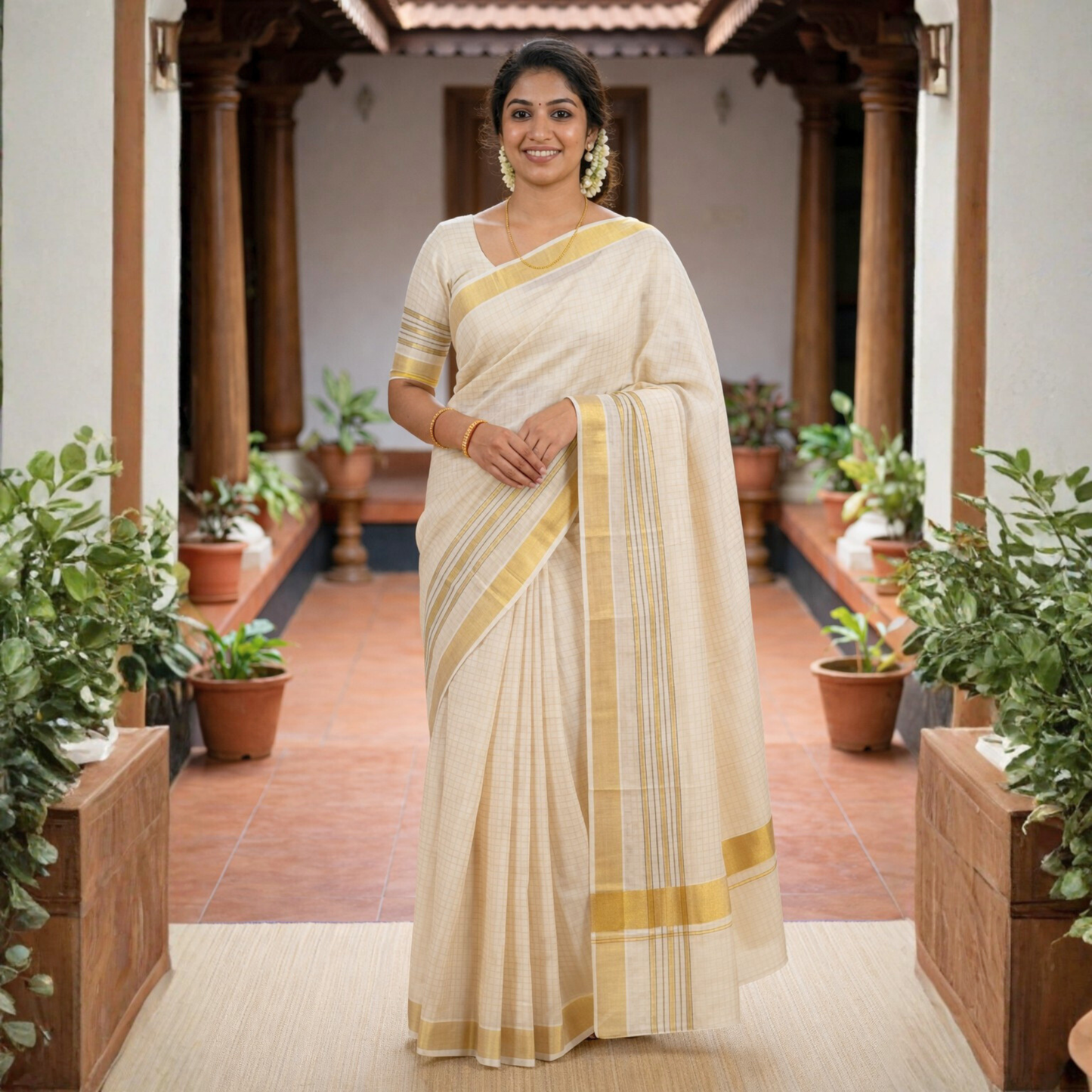 Arani Heritage Cotton Saree – Classic Gold Border Edition