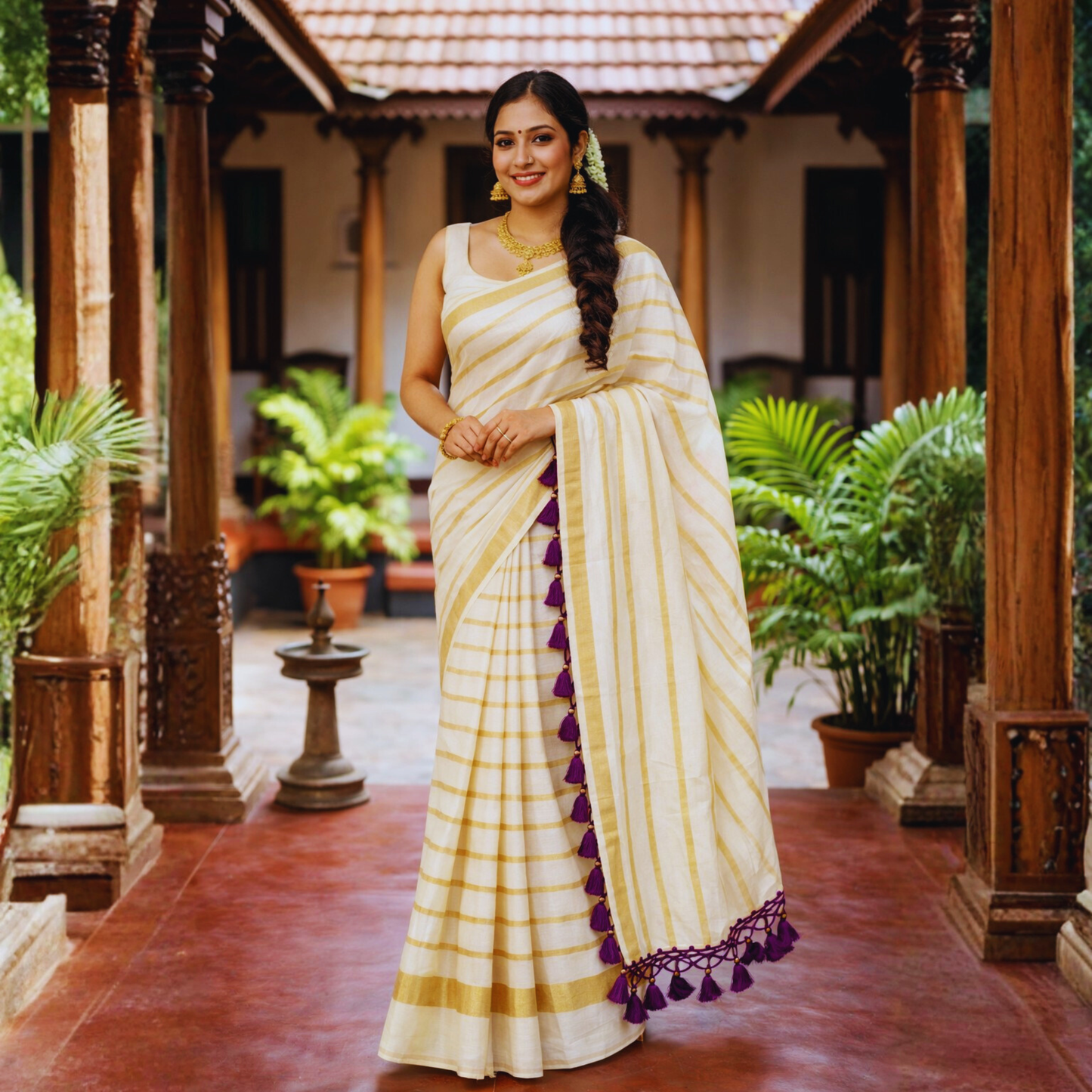 Plain Gold Line Cotton Saree with Kunjam