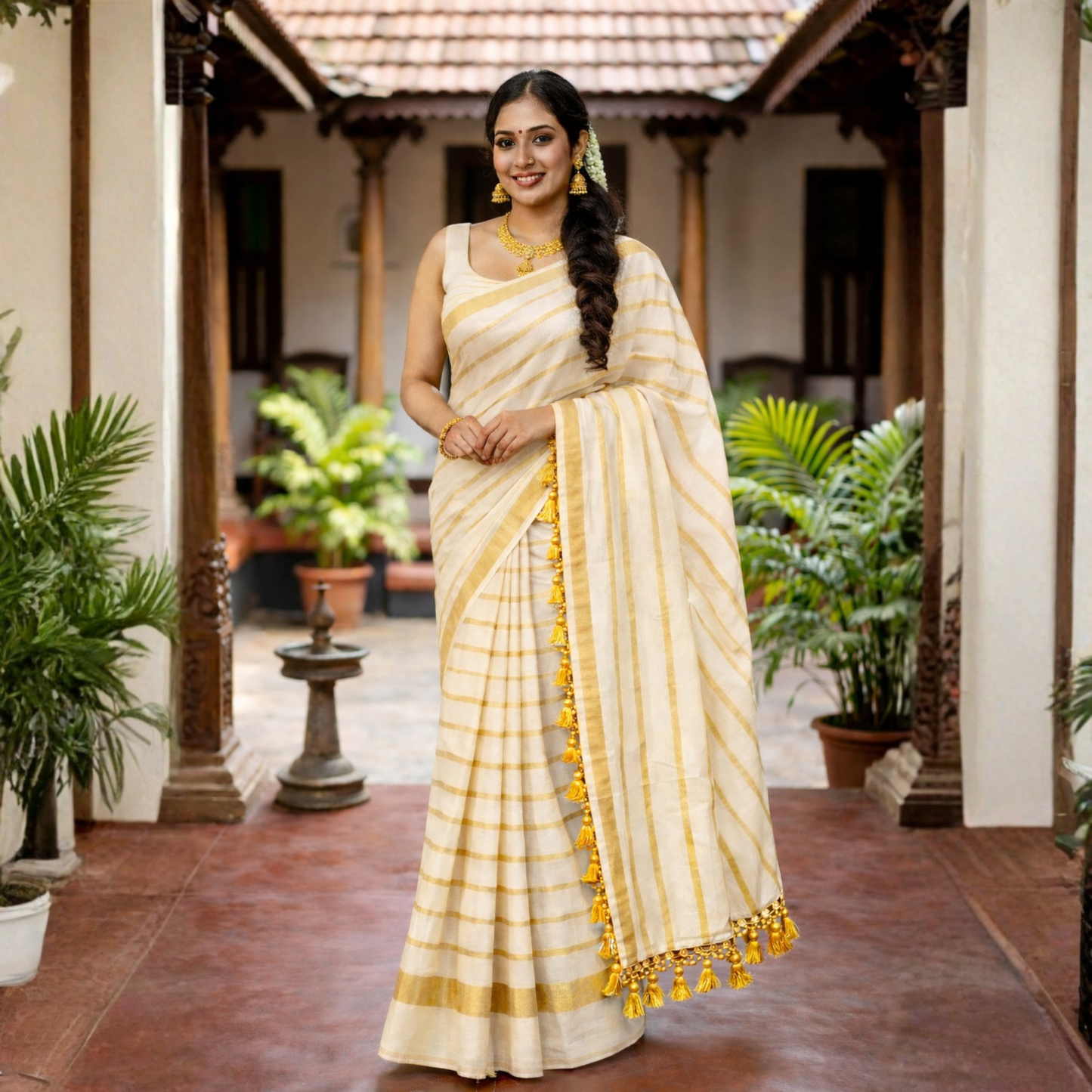 Plain Gold Line Cotton Saree with Kunjam